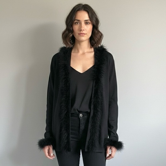 🛑 Vintage April Cornell Black Maribou Feather Trim Cardigan - S/M - Picture 2 of 10
